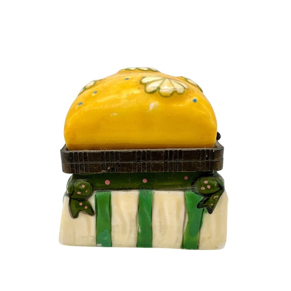 Hand-Painted Ceramic Trinket Box Yellow Floral Lid & Green Striped Dotted Base - Picture 2 of 8